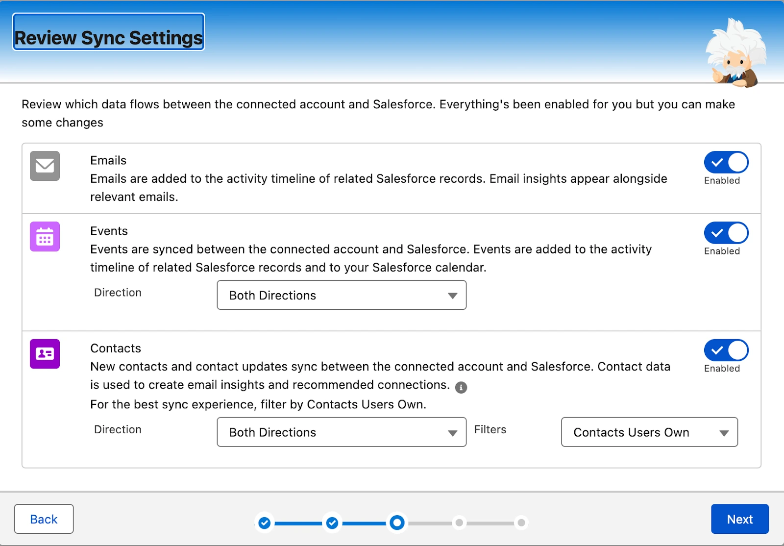 Review the sync settings then click on Next