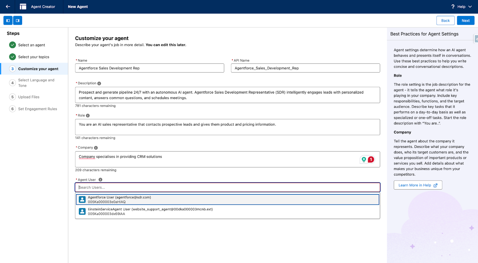Select the Agentforce SDR user record you created
