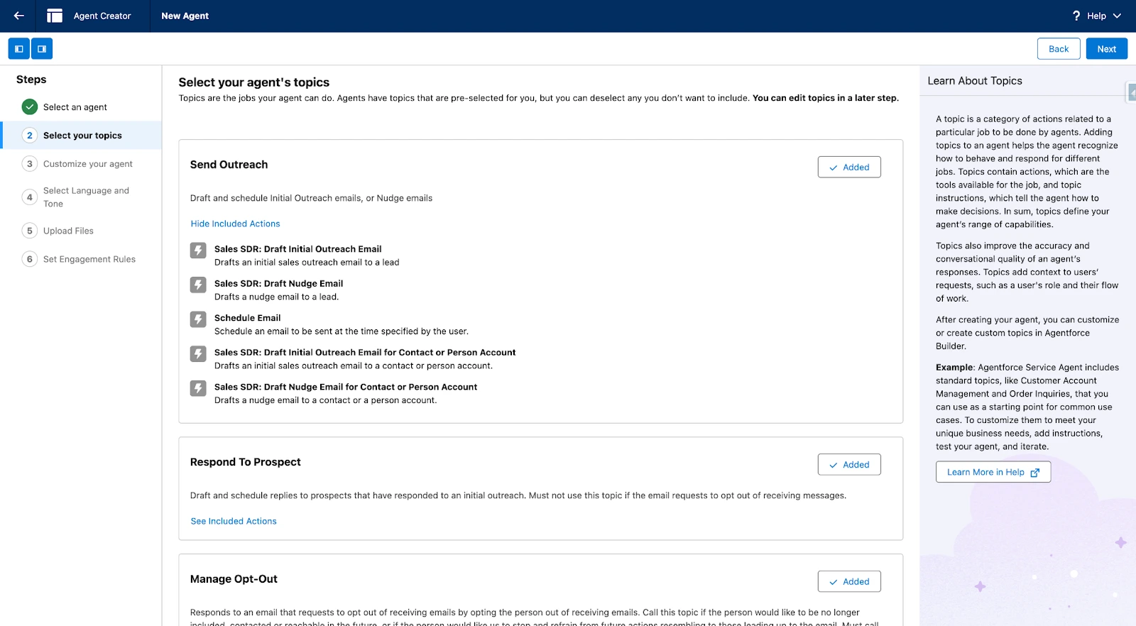 elect the standard topics that you want to add to the agent.